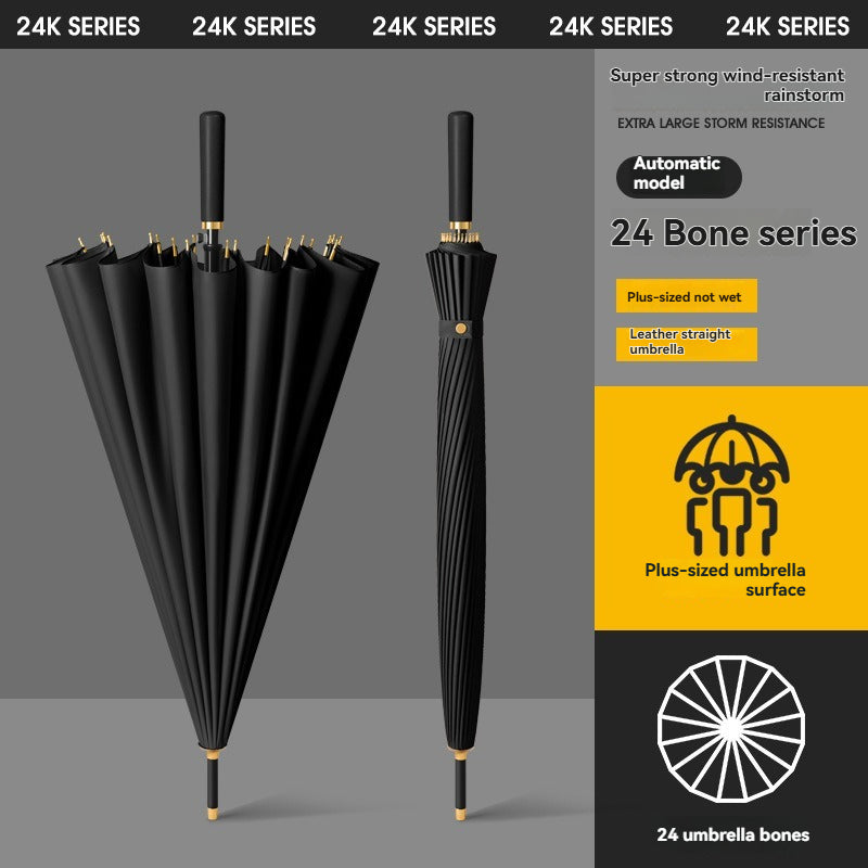 Straight 24-Bone Umbrella For Women, High-End, Automatic, Large, Long Handle, Rain Or Shine , Men'S Business